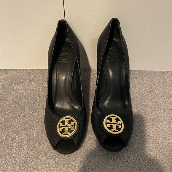 Tory Burch Shoes - Tory Burch Black Open Toe Wedge Leather Shoes